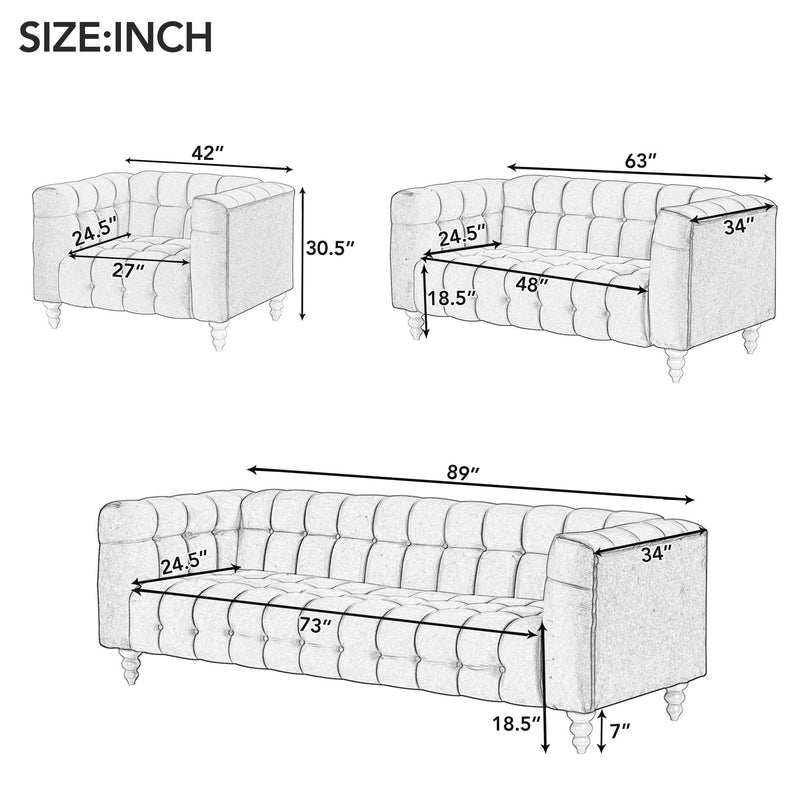 Modern 3 Piece Sofa Set With Solid Wood Legs, Buttoned Tufted Backrest, Dutch Fleece Upholstered Sofa Set Including Three Seater Sofa, Double Seat And Living Room Furniture Set Single Chair