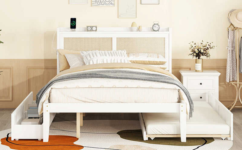 Queen Size Elegant Bed Frame with Rattan Headboard and Sockets ,White