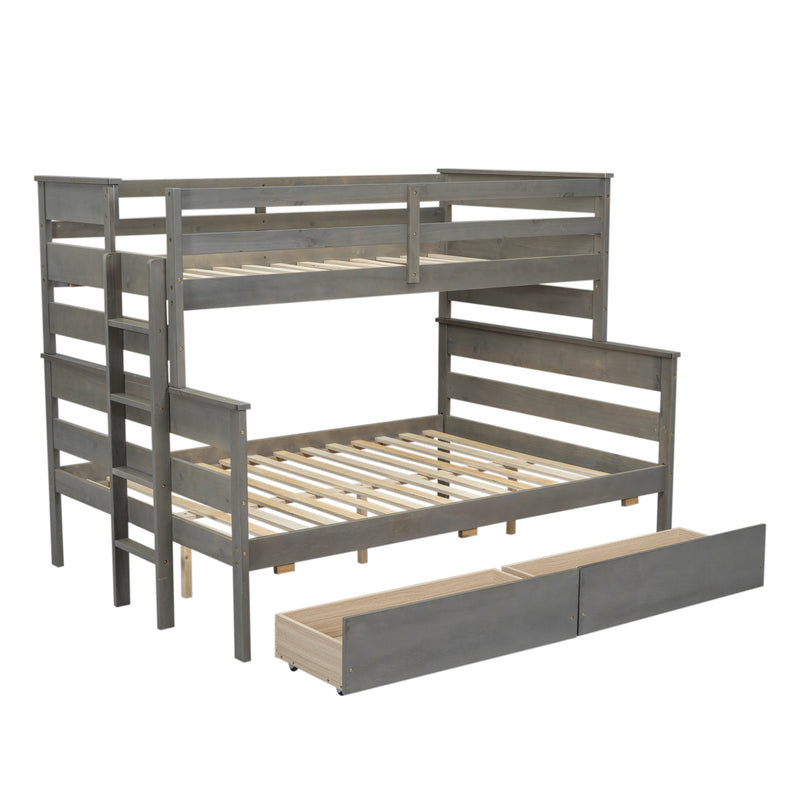 Wood Twin over Full Bunk Bed with 2 Drawers, Gray