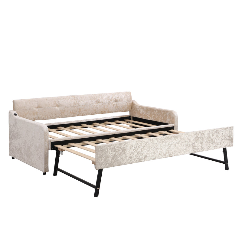 Twin Size Snowflake Velvet Daybed with Trundle and USB Charging Design,Beige