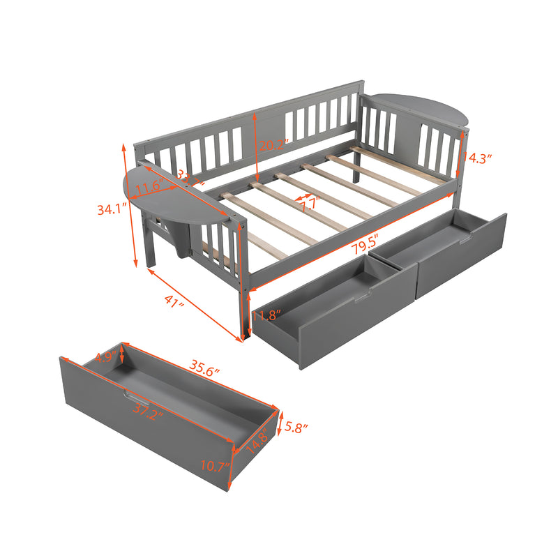 Twin size Daybed with Two Drawers, Wood Slat Support, Gray