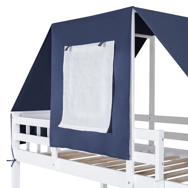 Twin Over Twin Bunk Bed Wood Bed with Tent and Drawers, White+Blue Tent