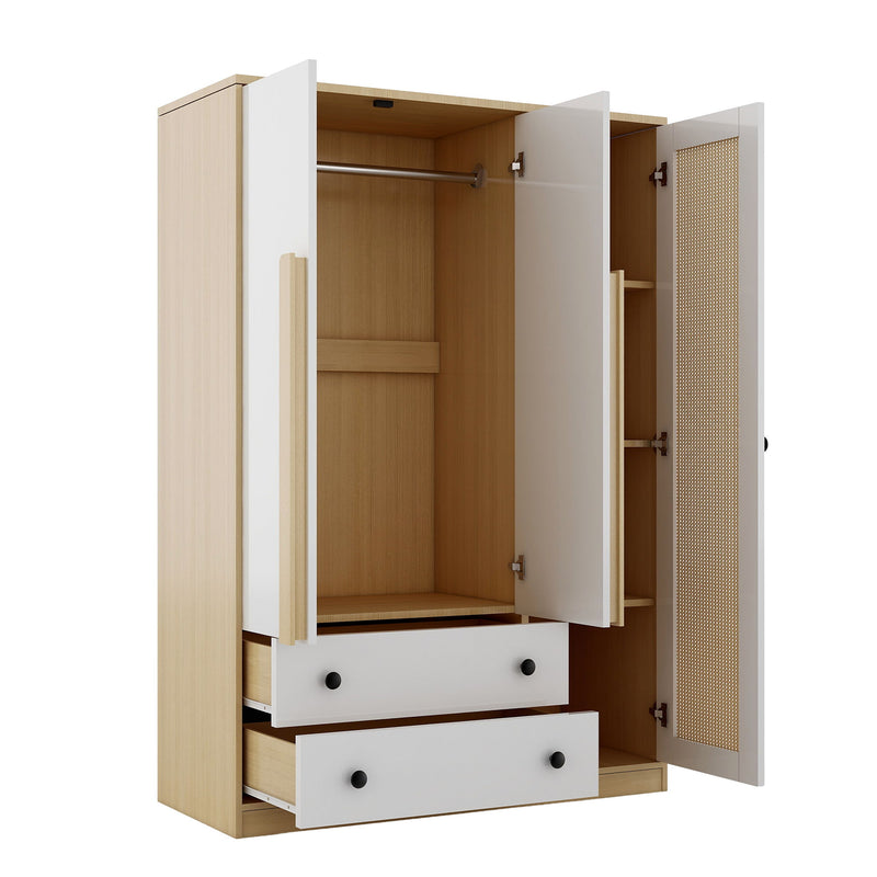 3 Doors Rattan Wardrobe Storage For Bedroom, With 2 Drawers