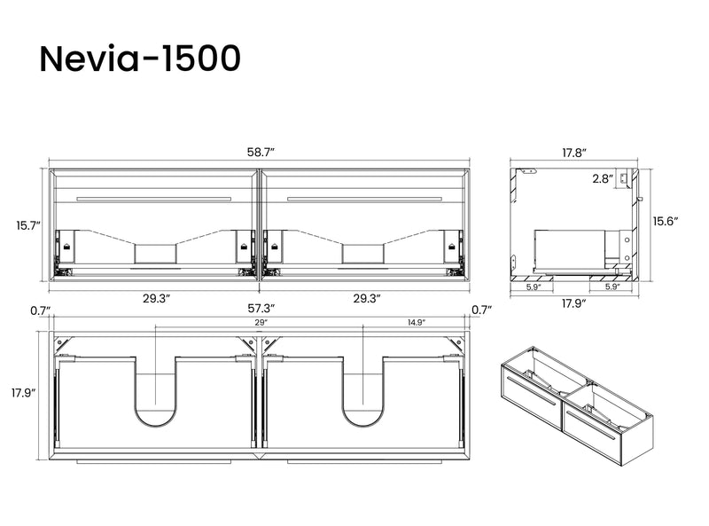 U052-Nevia60W-206 Nevia Bathroom Vanity With Automatic LED Drawer Light, Wall Mounted Bathroom Vanity With Integrated Solid Surface Sink, Without Drain - Snow White