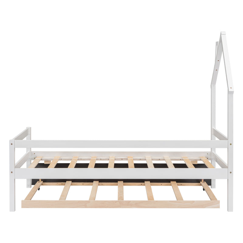 Twin House Wooden Daybed with trundle, Twin House-Shaped Headboard  bed with Guardrails,White