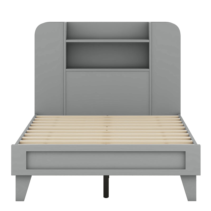 Twin Size Platform Bed with Storage Headboard,Multiple Storage Shelves on Both Sides,Grey