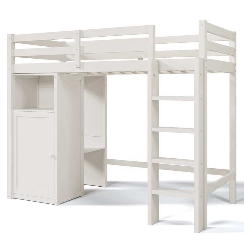 Twin Loft Bed with Wardrobe, Storage Shelves and Ladder, White