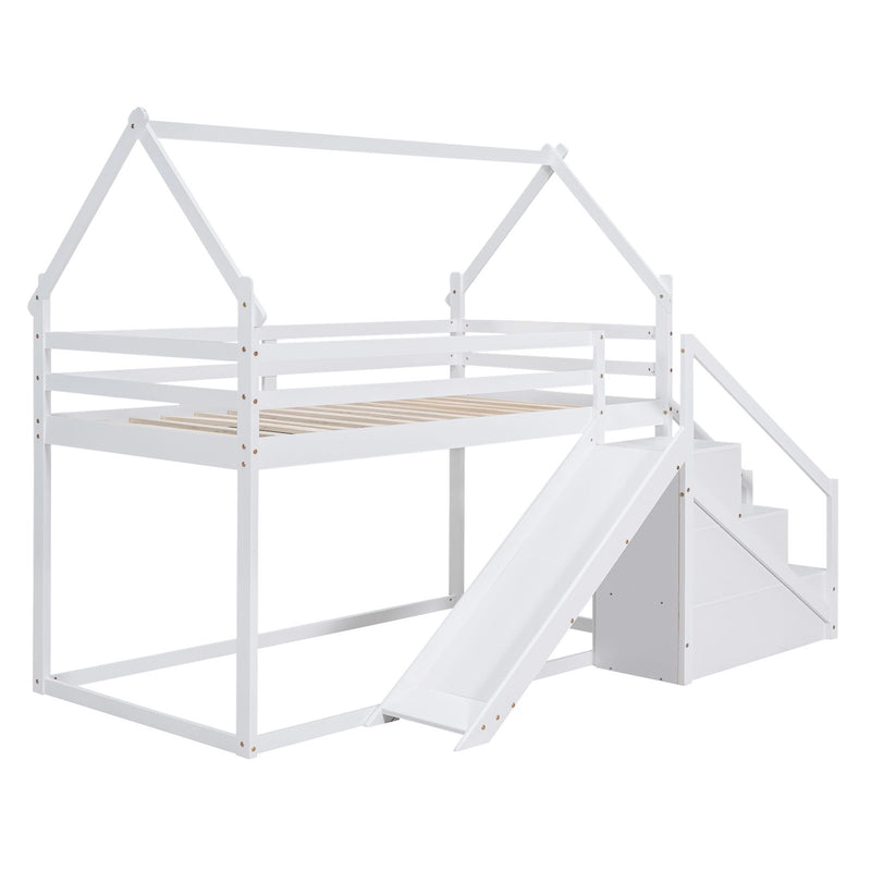 Twin Over Twin House Loft Or Bunk Bed With Slide And Staircase