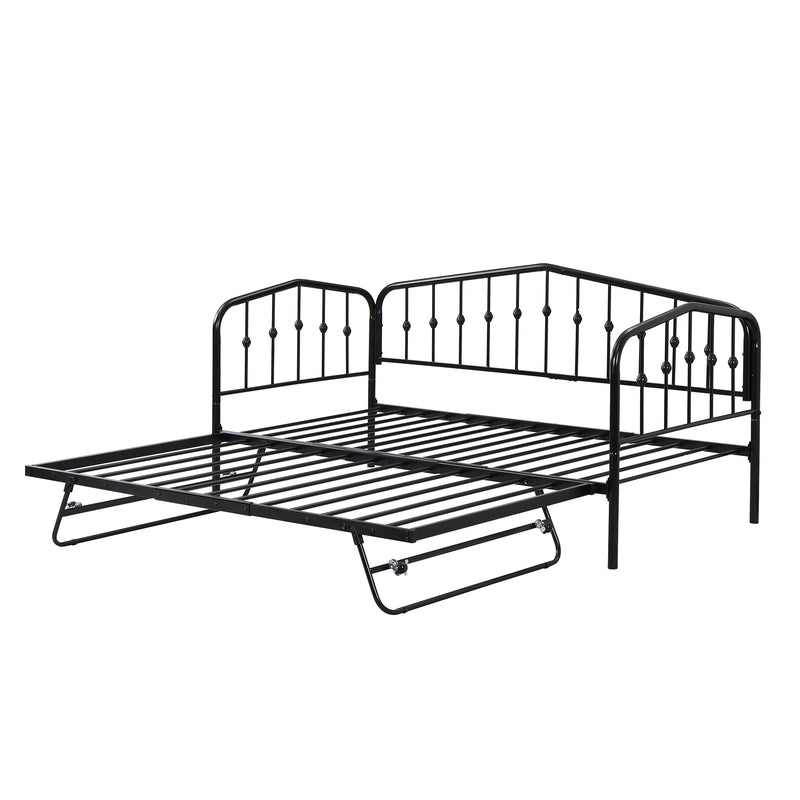 Twin Size Stylish Metal Daybed with Twin Size Adjustable Trundle, Portable Folding Trundle, Black