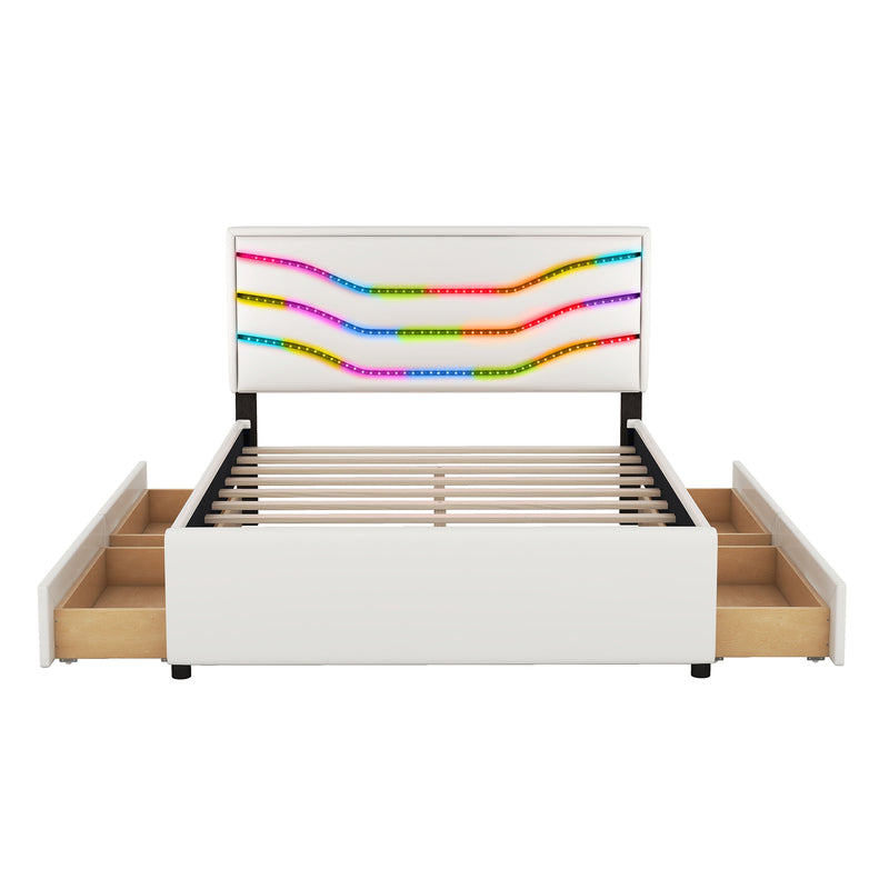 Queen Size Upholstered Storage Platform Bed with LED, 4 Drawers and USB Charging, White