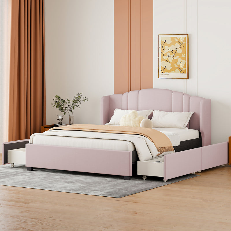 Upholstered Platform Bed with Wingback Headboard and 4 Drawers, No Box Spring Needed, Linen Fabric, Queen Size Pink