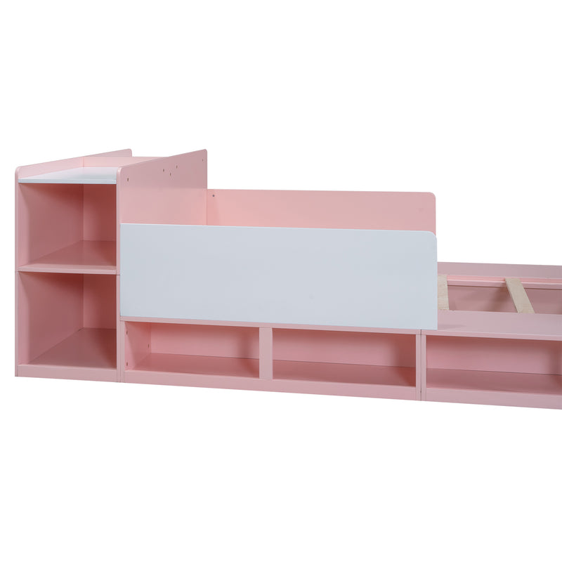 Wood Full Size Platform Bed with Storage Headboard, Guardrails and 4 Underneath Cabinets, Pink