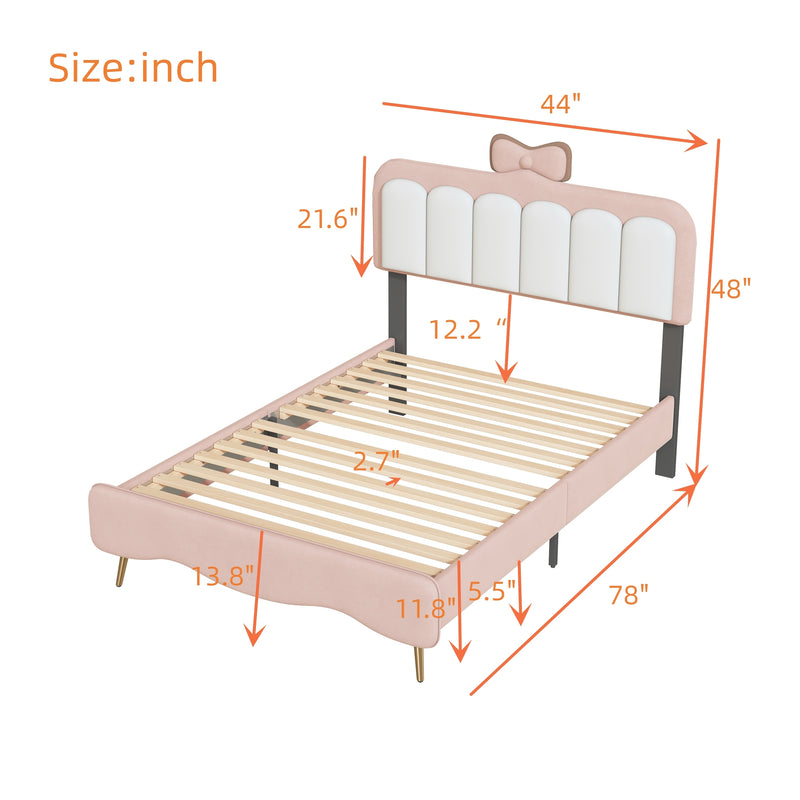 Twin size Velvet Princess Bed With Bow-Knot Headboard,Twin Size Platform Bed with Headboard and Footboard,White+Pink