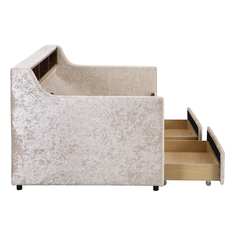 Twin Size Snowflake Velvet Daybed with Two Storage Drawers and Built-in Storage Shelves,Beige