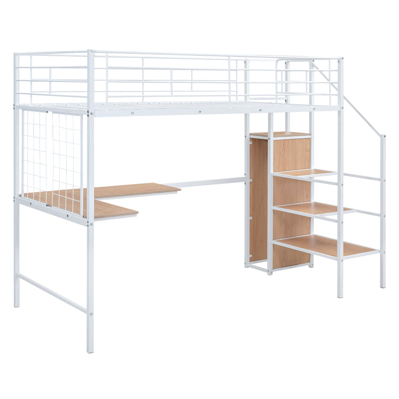 Twin Size Metal Loft Bed with Desk and Metal Grid, Stylish Metal Frame Bed with Lateral Storage Ladder and Wardrobe, White