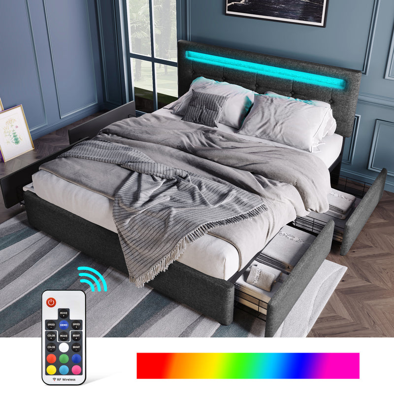 Bed Frame Queen Size, Upholstered Platform Bed Frame with 4 Storage Drawers and LED Lights & Adjustable Headboard,No Box Spring Needed,Grey