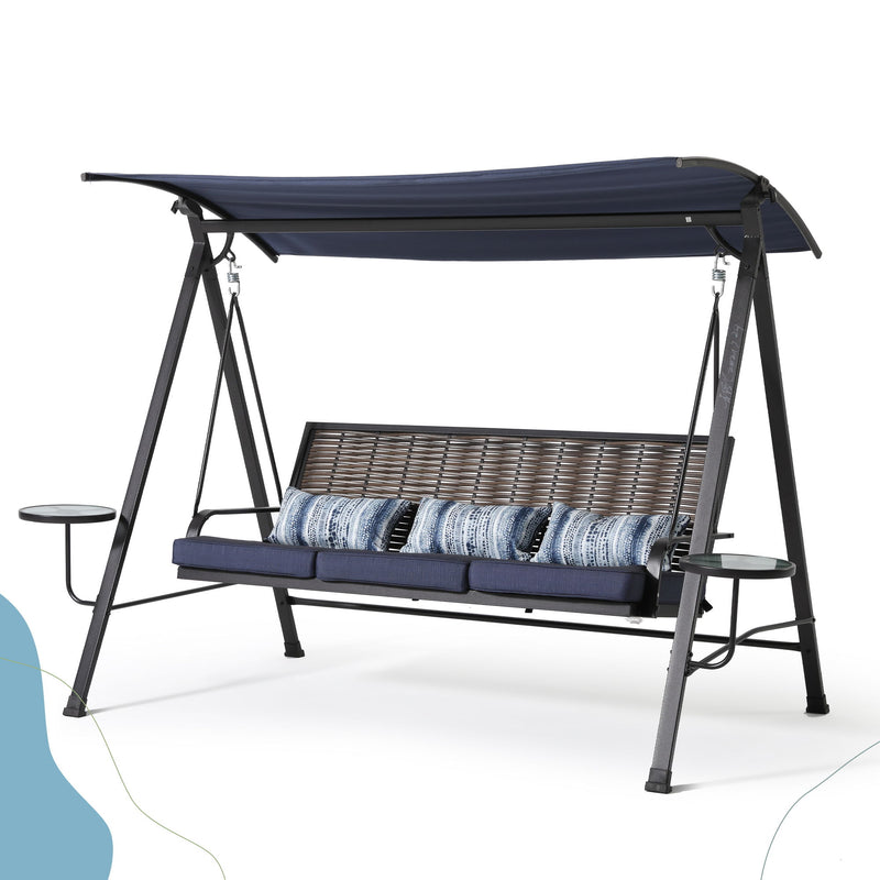 Steel 3 Seater Swing Porch Swing With Canopy - Blue