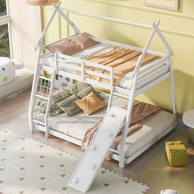 Twin over Queen House Bunk Bed with Climbing Nets and Climbing Ramp, White