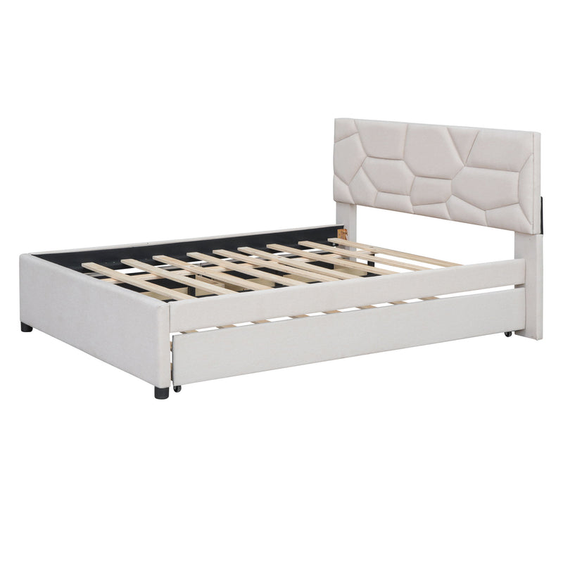 Full Size Upholstered Platform Bed With Brick Pattern Headboard, With Twin Size Trundle And 2 Drawers, Linen