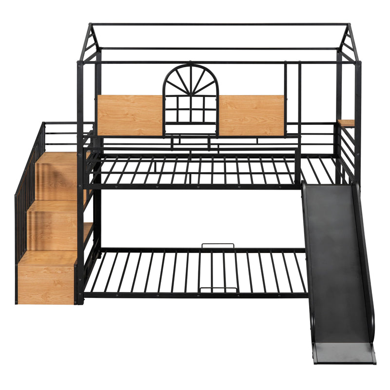 Metal Bunk Bed, Metal Housebed With Slide And Storage Stair