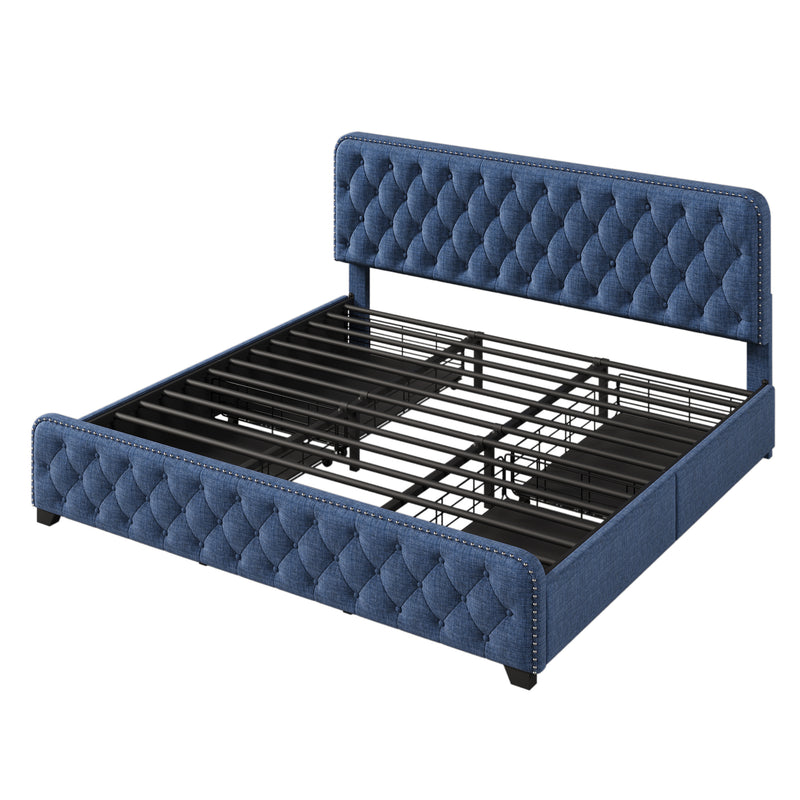 Upholstered Platform Bed Frame with Four Drawers, Button Tufted Headboard and Footboard Sturdy Metal Support, No Box Spring Required, Blue, King (Old sku: BS300277AAC)