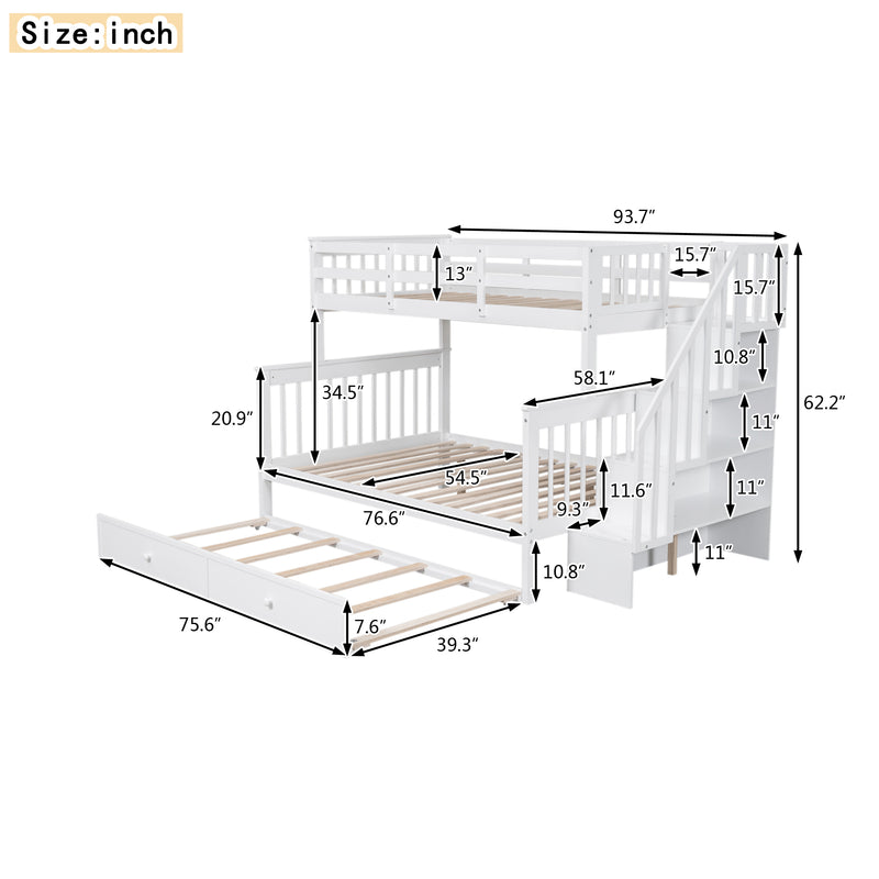 Twin-Over-Full Bunk Bed with Twin size Trundle, Storage and Guard Rail for Bedroom, Dorm, for Adults, White(OLD SKU :LT000119AAK)