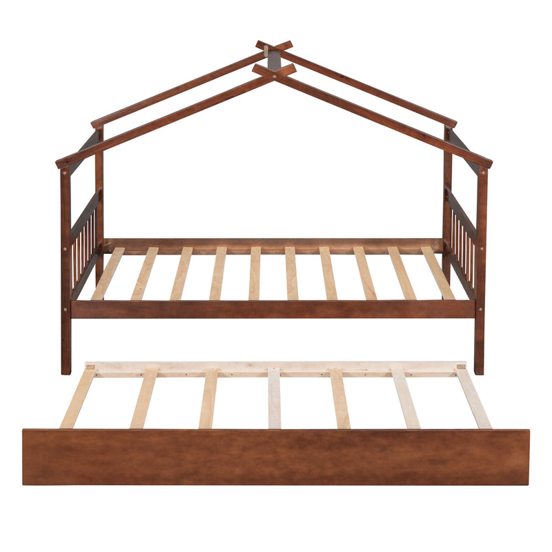 Wooden House Bed With Twin Size Trundle