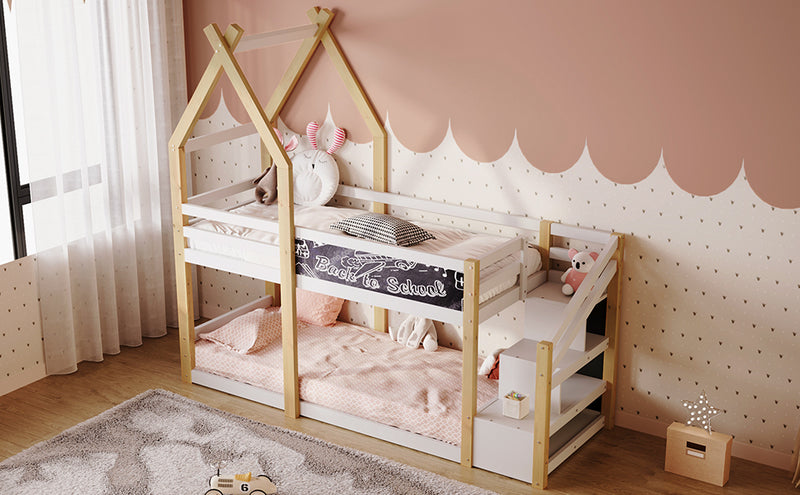 Twin over Twin House Bunk Bed with White Storage Staircase and Blackboard, White and Natural