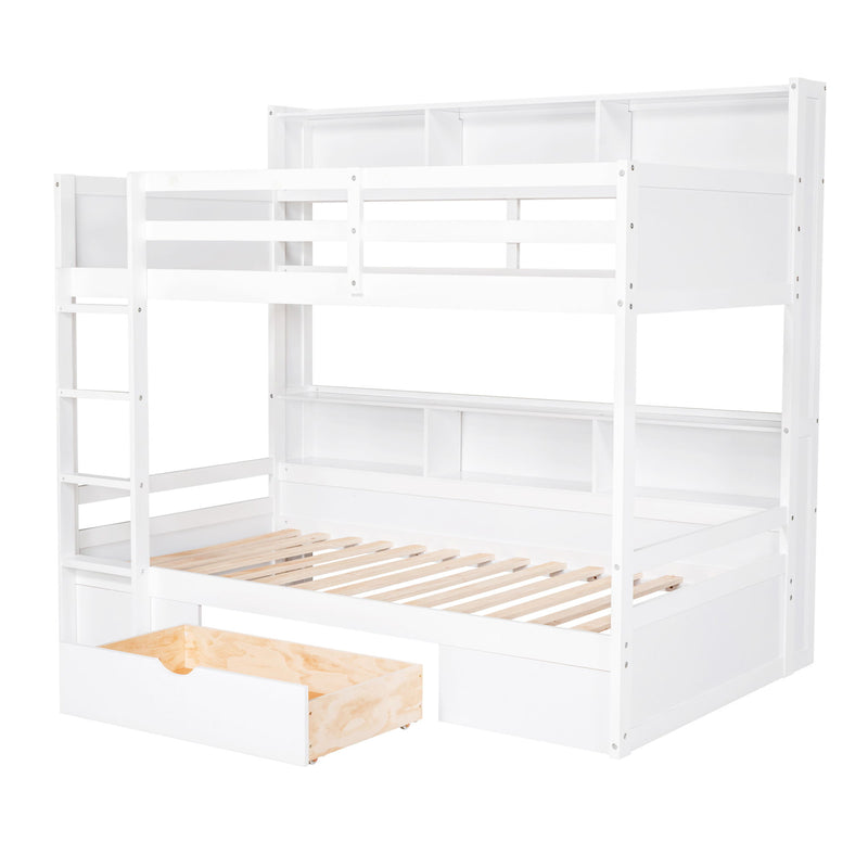 Twin Size Bunk Bed With Built-In Shelves Beside Both Upper And Down Bed And Storage Drawer