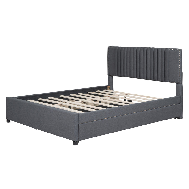 Queen Size Upholstered Platform Bed with 2 Drawers and 1 Twin XL Trundle, Classic Headboard Design, Gray