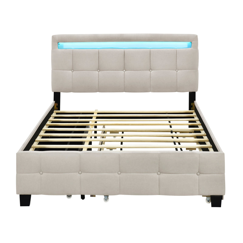 Queen Size Upholstered Platform Bed with LED Frame, with Twin XL Size Trundle and 2 drawers, Linen Fabric, Beige