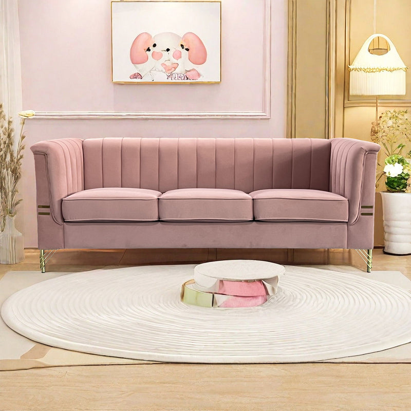 Modern Chenille Sofa, Upholstered Couch With Bolster Armrest, 3-Seat Sofa For Living Room, Bedroom, Office, Apartment, Dorm