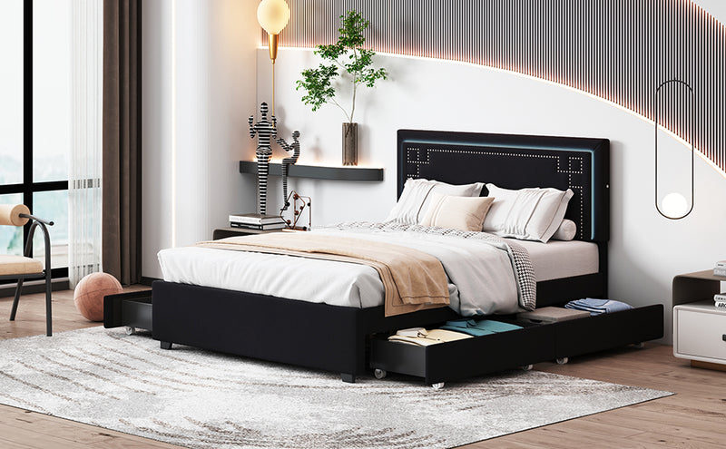 Queen Size Upholstered Platform Bed with Rivet-decorated Headboard, LED bed frame and 4 Drawers, Black