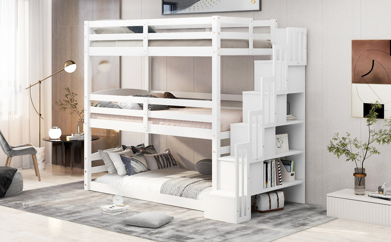 Twin Size Triple Bunk Bed with Storage Staircase,Separate Design,White