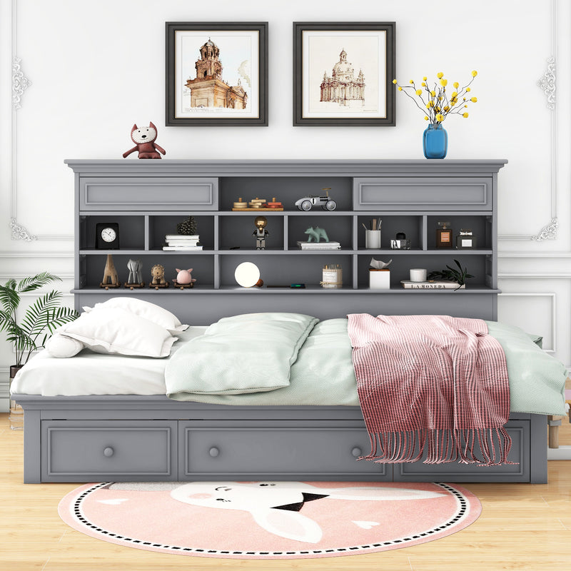 Twin Size Wood Daybed with Multi-Storage Shelves, Charging Station and 3 Drawers, Gray