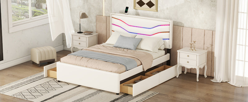 Queen Size Upholstered Storage Platform Bed with LED, 4 Drawers and USB Charging, White