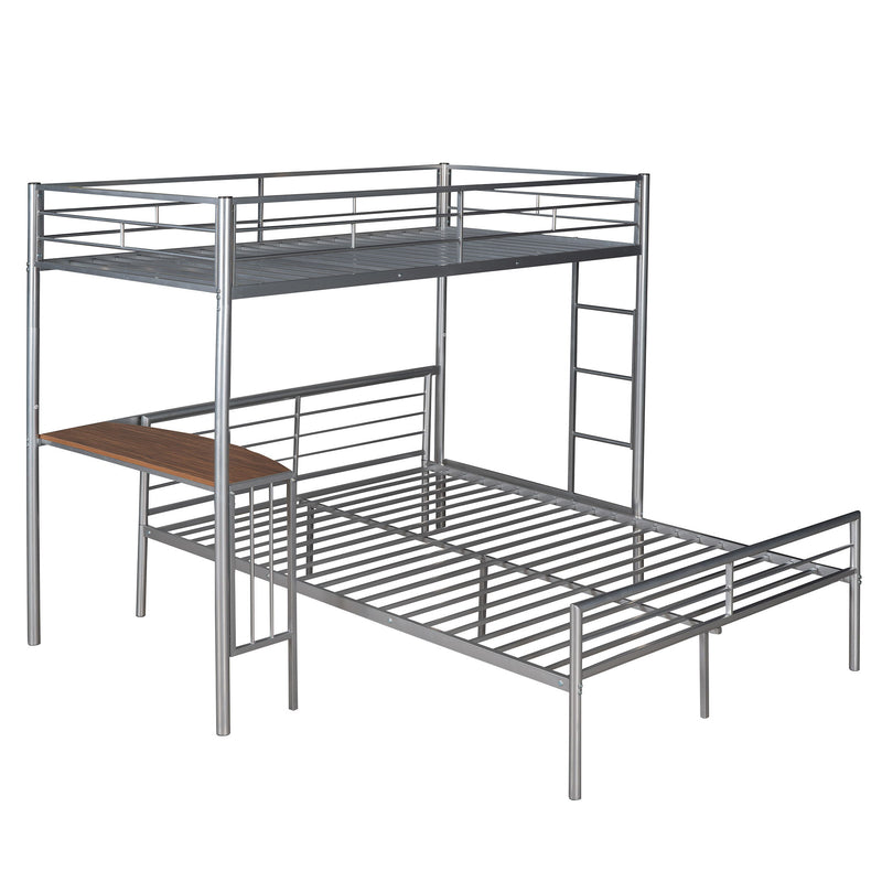 Twin Over Full Metal Bunk Bed With Desk, Ladder And Quality Slats For Bedroom - Silver