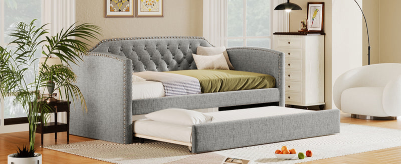 Twin Size Upholstered Daybed with Trundle for Guest Room, Small Bedroom, Study Room, Gray