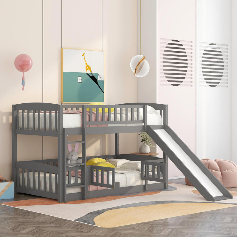 Bunk Bed with Slide,Twin Over Twin Low Bunk Bed with Fence and Ladder for Toddler Kids Teens Grey