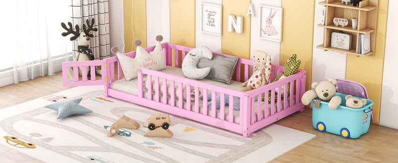 Twin Size Bed Floor Bed with Safety Guardrails and Door for Kids, Pink