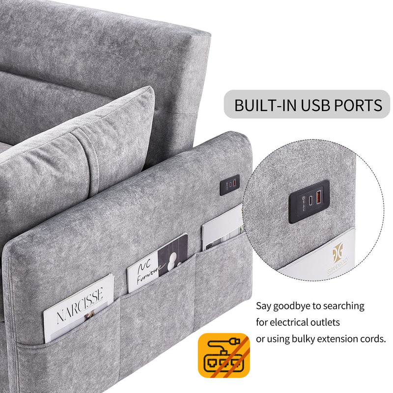 Pull Out Sleep Sofa Bed Loveseats Sofa Couch With Adjsutable Backrest, Storage Pockets, 2 Soft Pillows, USB Ports For Living Room