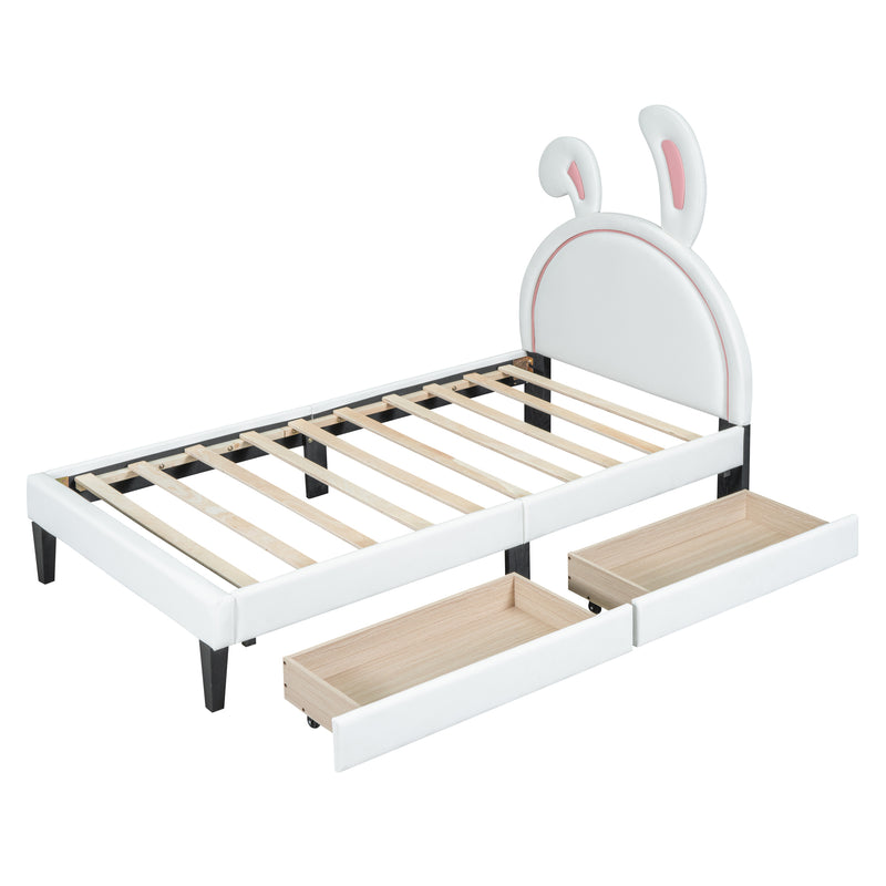 Twin Size Upholstered Leather Platform Bed with Rabbit Ornament and 2 Drawers, White