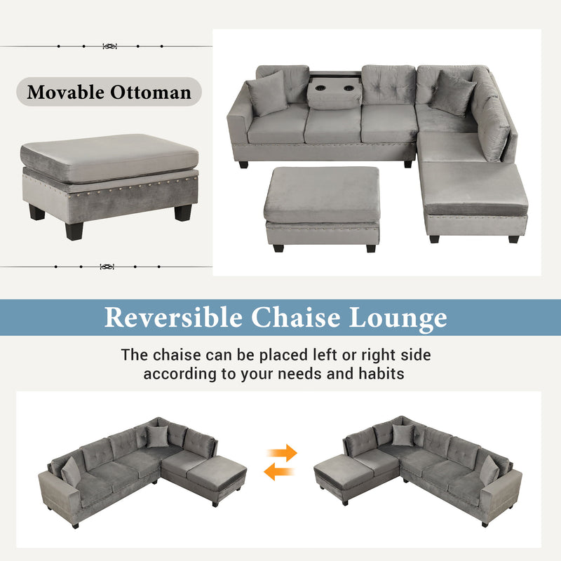 Modern Sectional Sofa With Storage Ottoman, L-Shape Couch With 2 Pillows And Cup Holder, Sectional Sofa With Reversible Chaise For Living Room