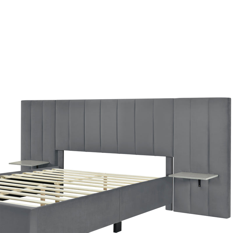 Queen Size Upholstered Platform Bed with Big Headboard, Bedroom Furniture, Velvet, Gray