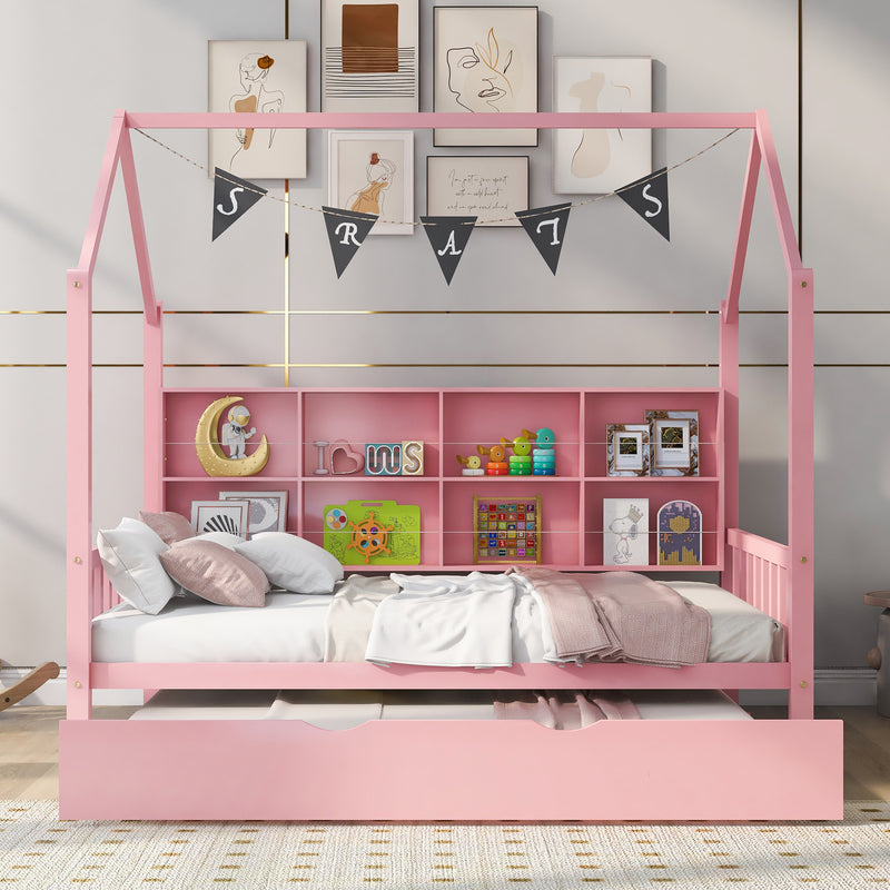 Wooden Full Size House Bed with Trundle,Kids Bed with Shelf,Pink