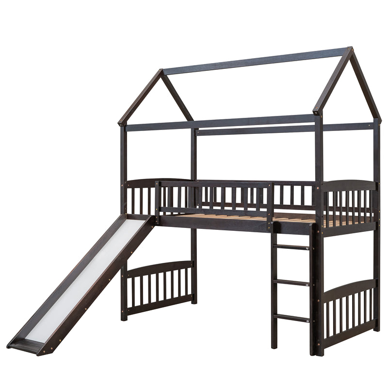 Twin Loft Bed with Slide, House Bed with Slide,Espresso(OLD SKU :LT000212AAP)