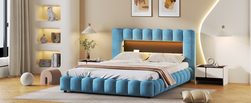 Queen Size Upholstered Platform Bed with LED Headboard and USB, Blue