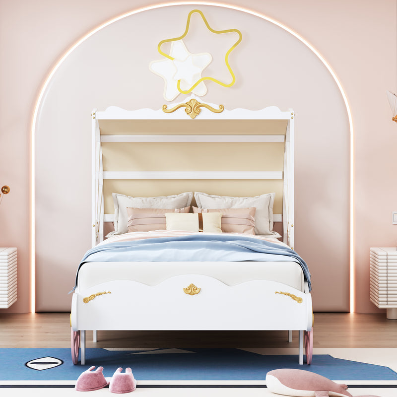 Twin Size Princess Carriage Bed with Canopy, Wood Platform Car Bed with 3D Carving Pattern, White+Pink+Gold