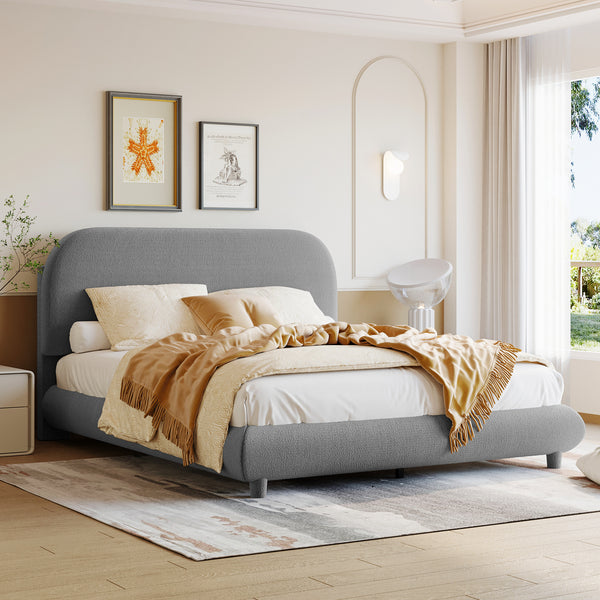 Teddy Fleece Full Size Upholstered Platform Bed with Thick Fabric, Solid Frame and Stylish Curve-shaped Design, Gray