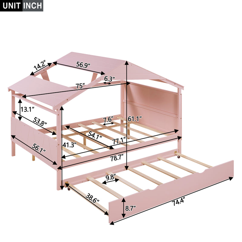 Wood Full Size House Bed with Twin Size Trundle and Storage, Pink